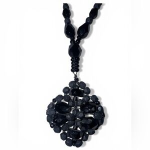 Liz Claiborne Jet Black Necklace W/ Beaded 2” Pendant 15” - 19” long